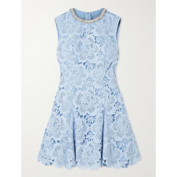 SELF-PORTRAIT Crystal-embellished pleated guipure lace mini dress US 2 - Picture 1 of 12